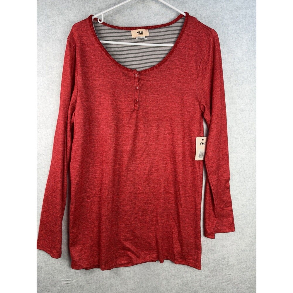 NWT YMI Red Heathered Henley Long Slv Shirt Sleepwear Soft Comfort Plus Size 1X